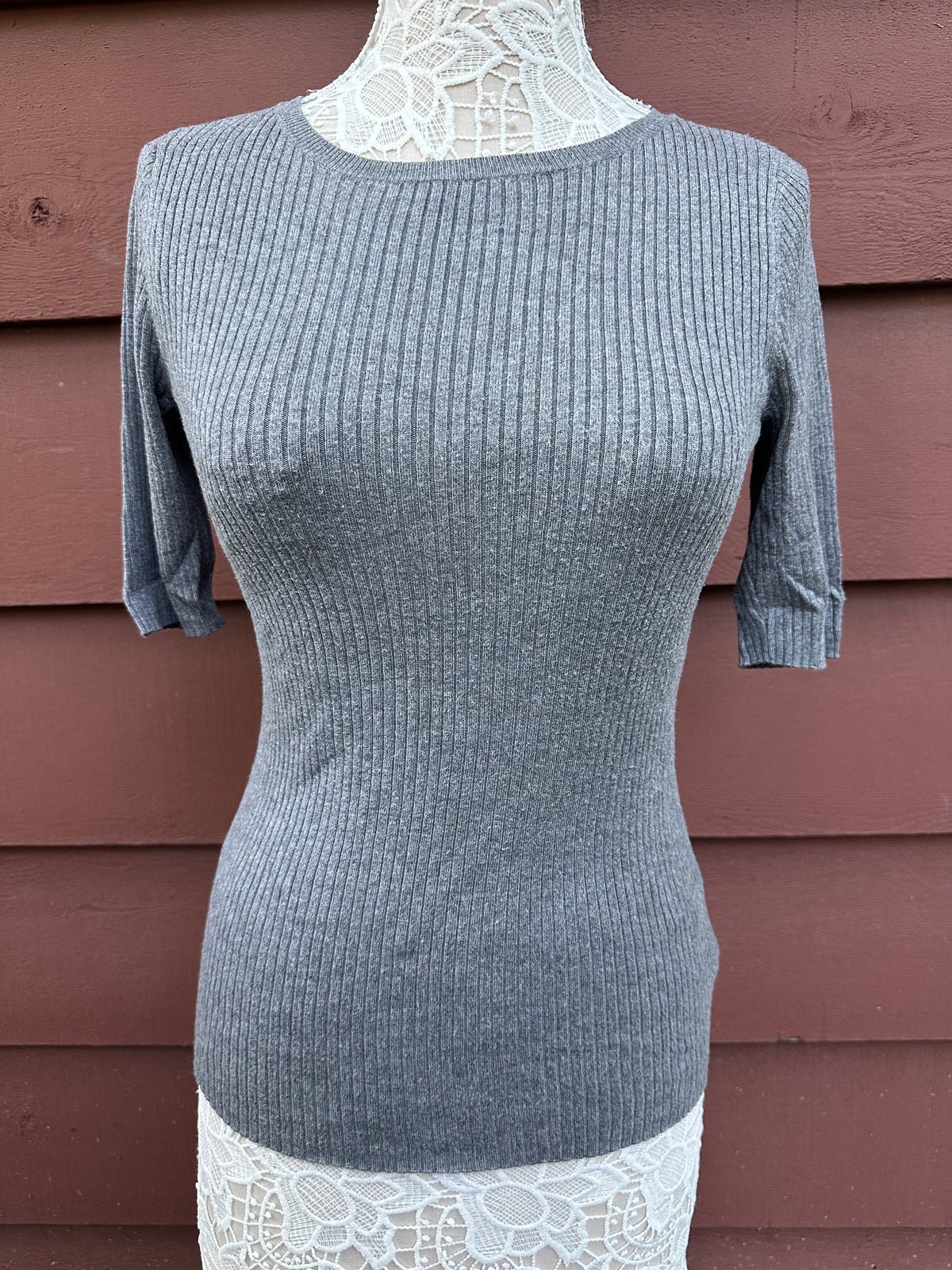 Express Gray Ribbed Boatneck Knit Top
