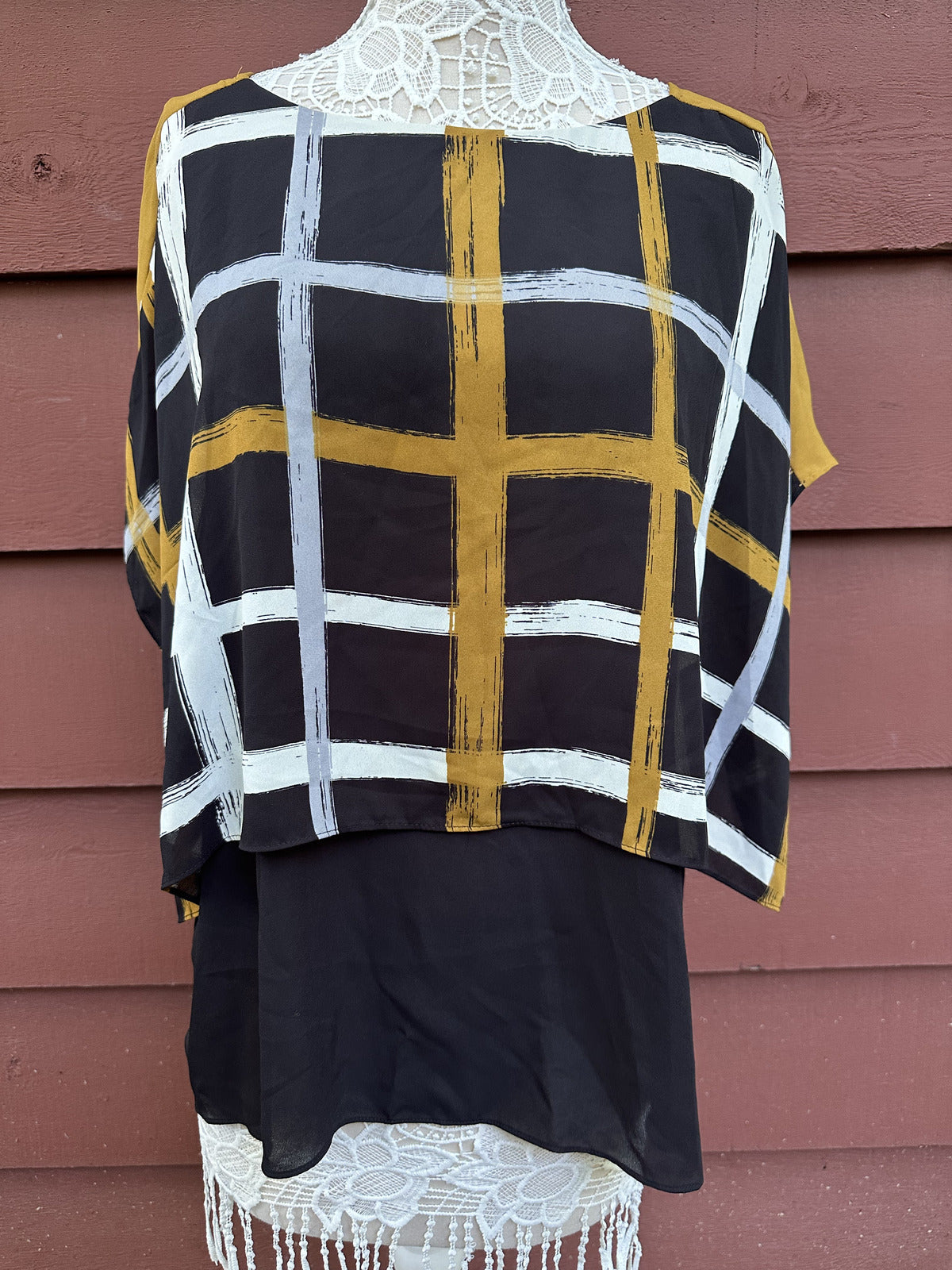 Alfani Brush Stroke Plaid Kimono Sleeve Layered Blouse
