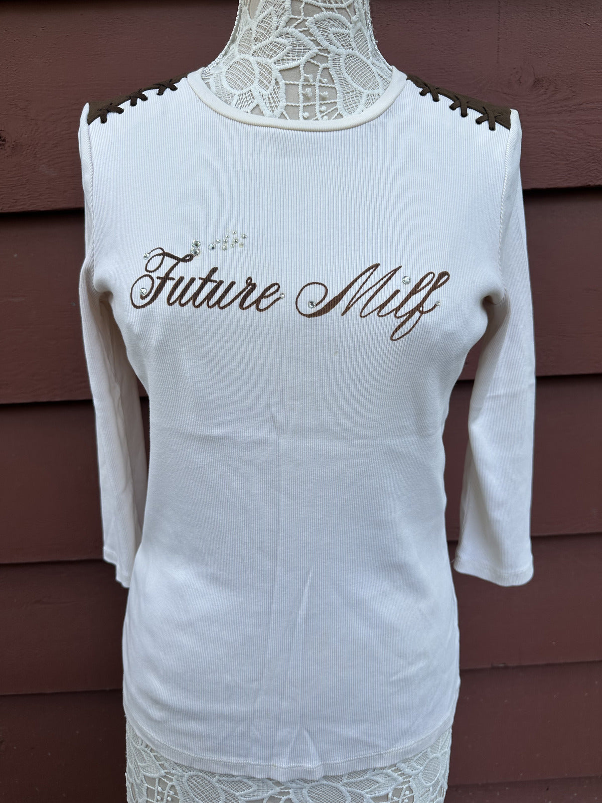 Lauren Ralph Lauren Y2K Cream and Brown 'Future Milf' 3/4 Length Long Sleeve