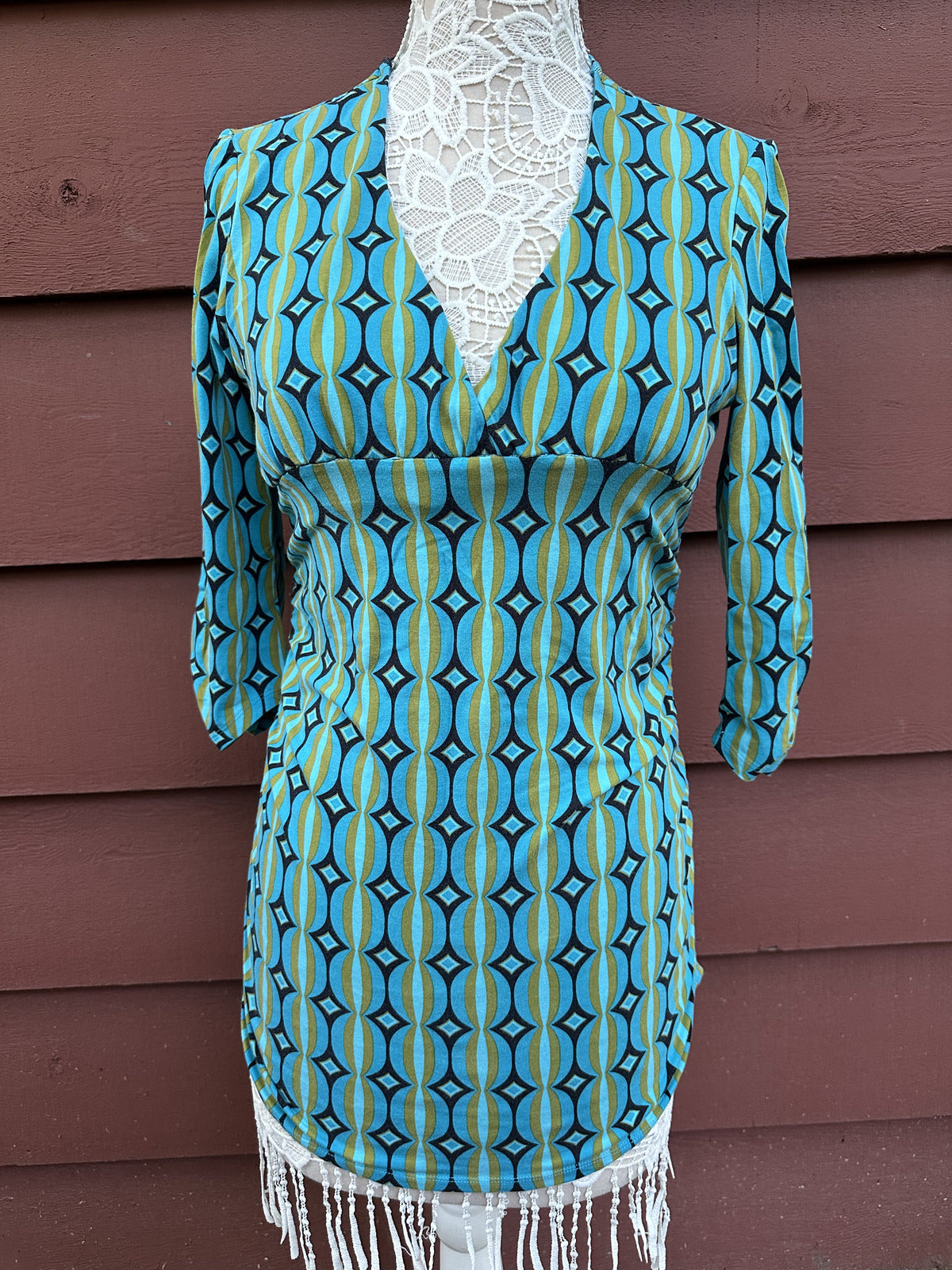 Bisous Y2K Retro Indie Blue Multi Geometric Print V Neck 3/4 Sleeve Blouse