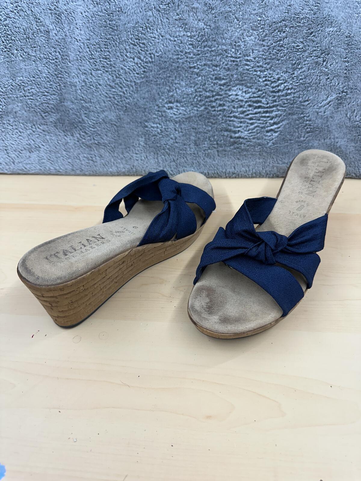 Italian Shoemakers Navy Blue Wedge Sandals with Knot Detail