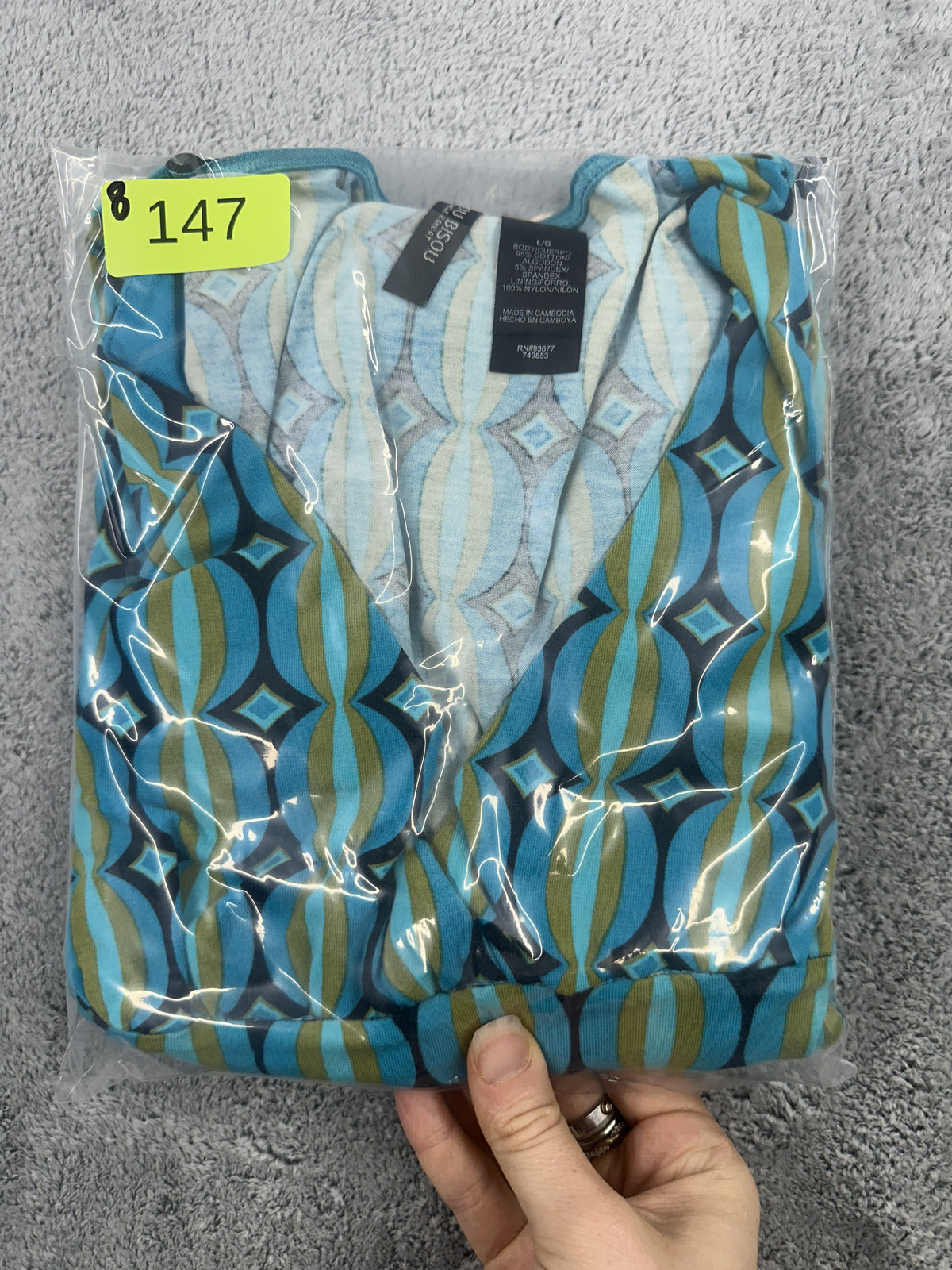 Bisous Y2K Retro Indie Blue Multi Geometric Print V Neck 3/4 Sleeve Blouse