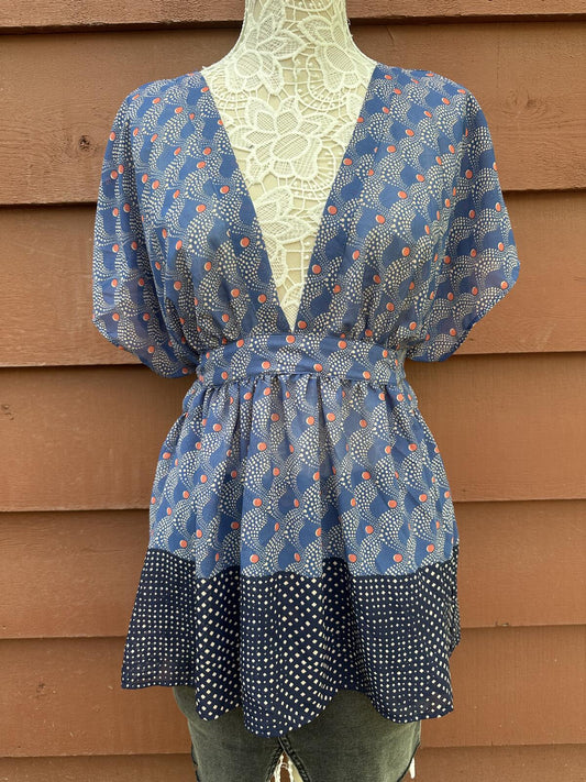 Xhilaration Vintage Inspired Blue Coral Patterned Tunic Dress with Polka Dot Hem