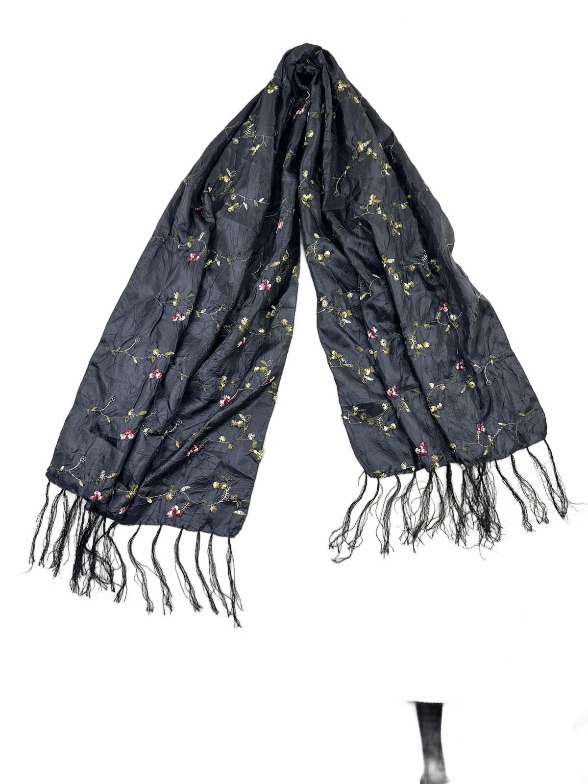 Vintage Black Embroidered Floral Scarf