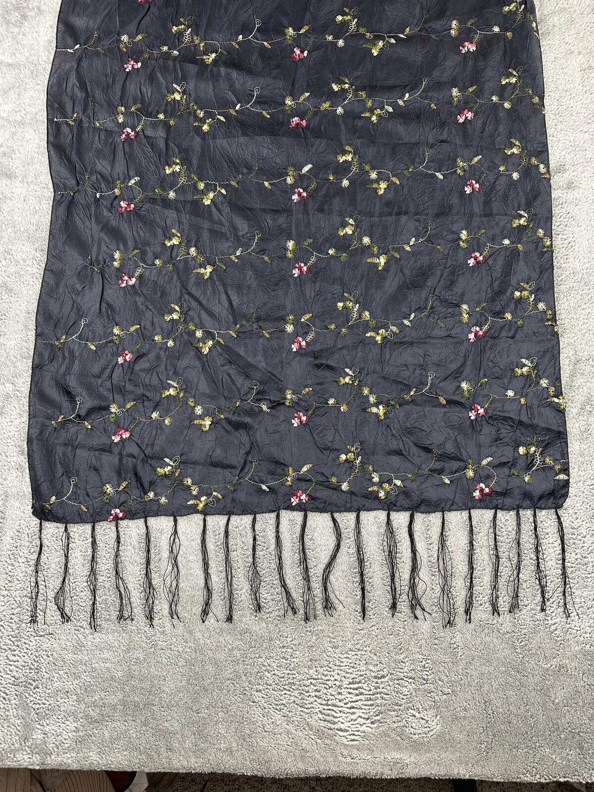 Vintage Black Embroidered Floral Scarf