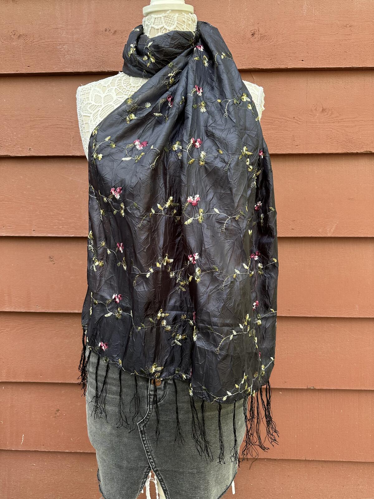 Vintage Black Embroidered Floral Scarf