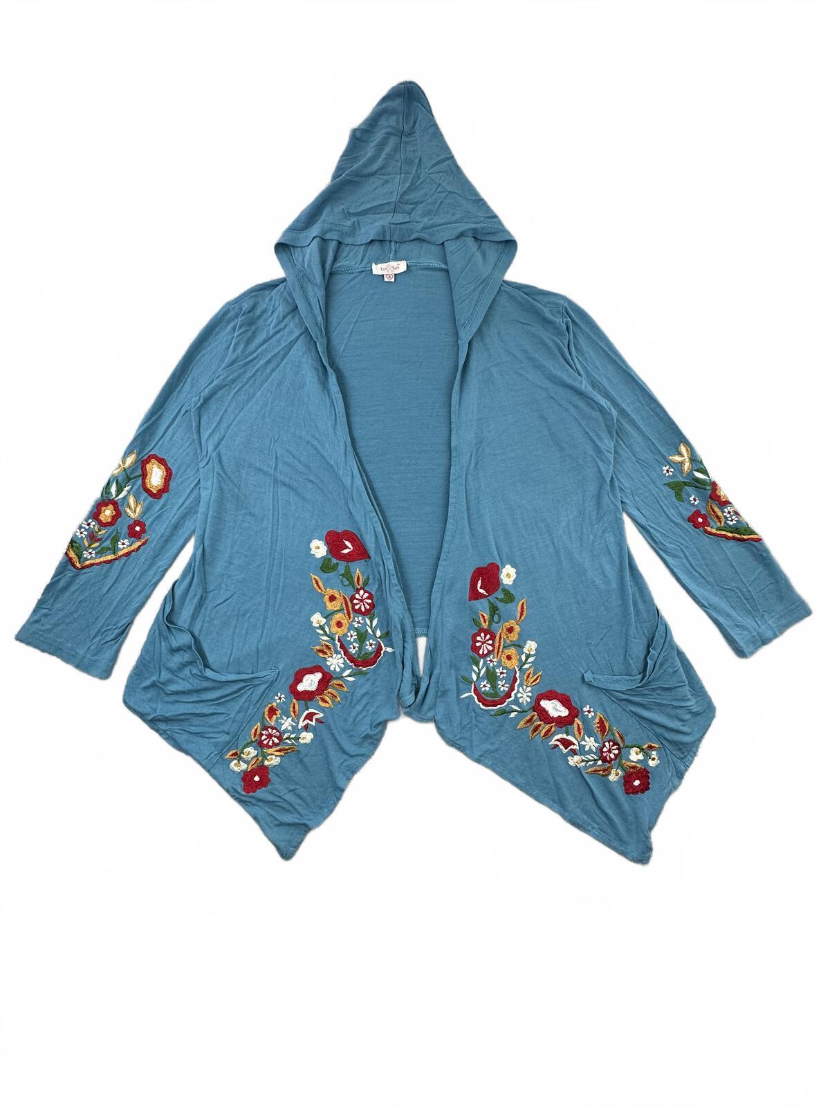 Luv 2 Luv Blue Floral Embroidered Hooded Cardigan Bohemian Boho Sweater