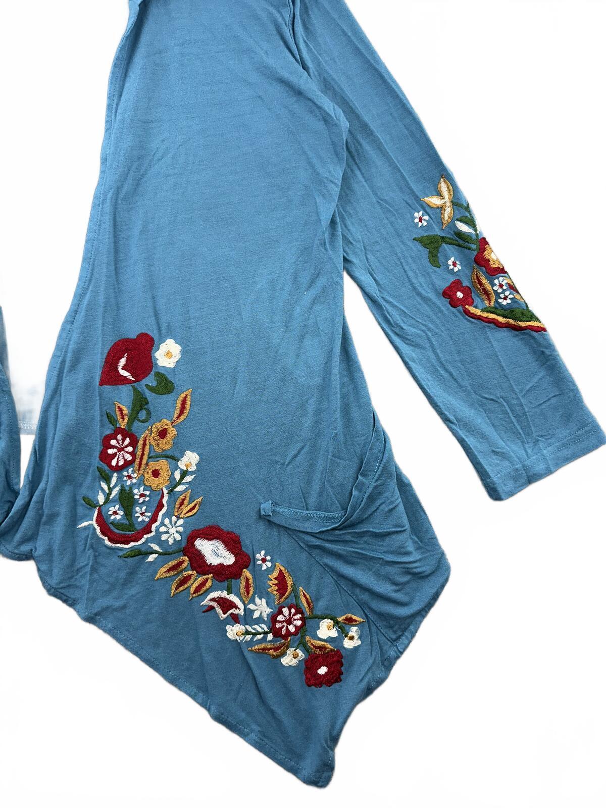 Luv 2 Luv Blue Floral Embroidered Hooded Cardigan Bohemian Boho Sweater
