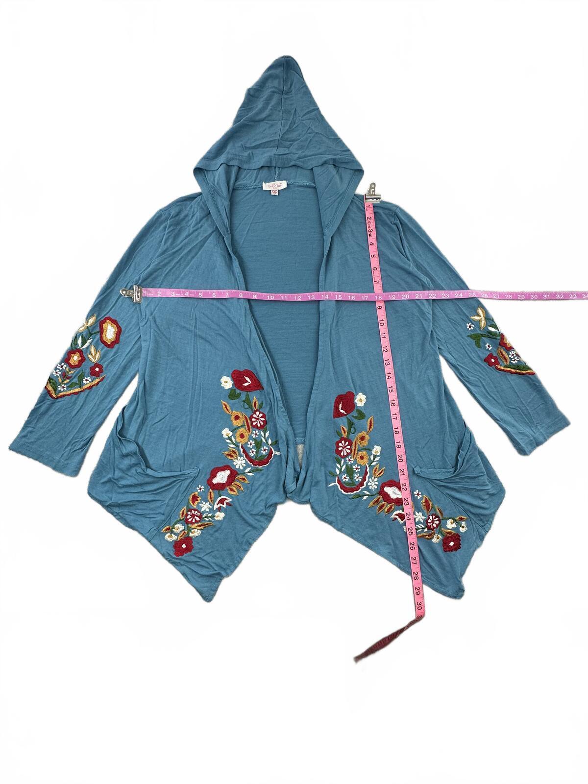 Luv 2 Luv Blue Floral Embroidered Hooded Cardigan Bohemian Boho Sweater