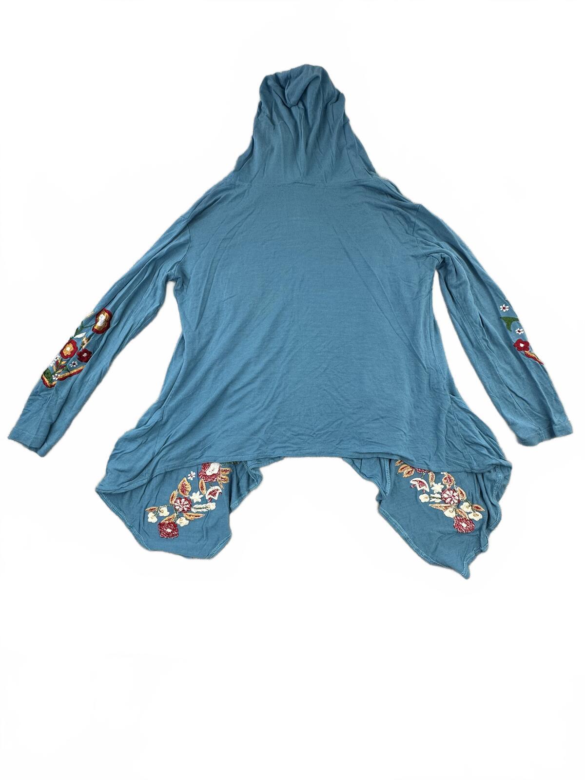 Luv 2 Luv Blue Floral Embroidered Hooded Cardigan Bohemian Boho Sweater