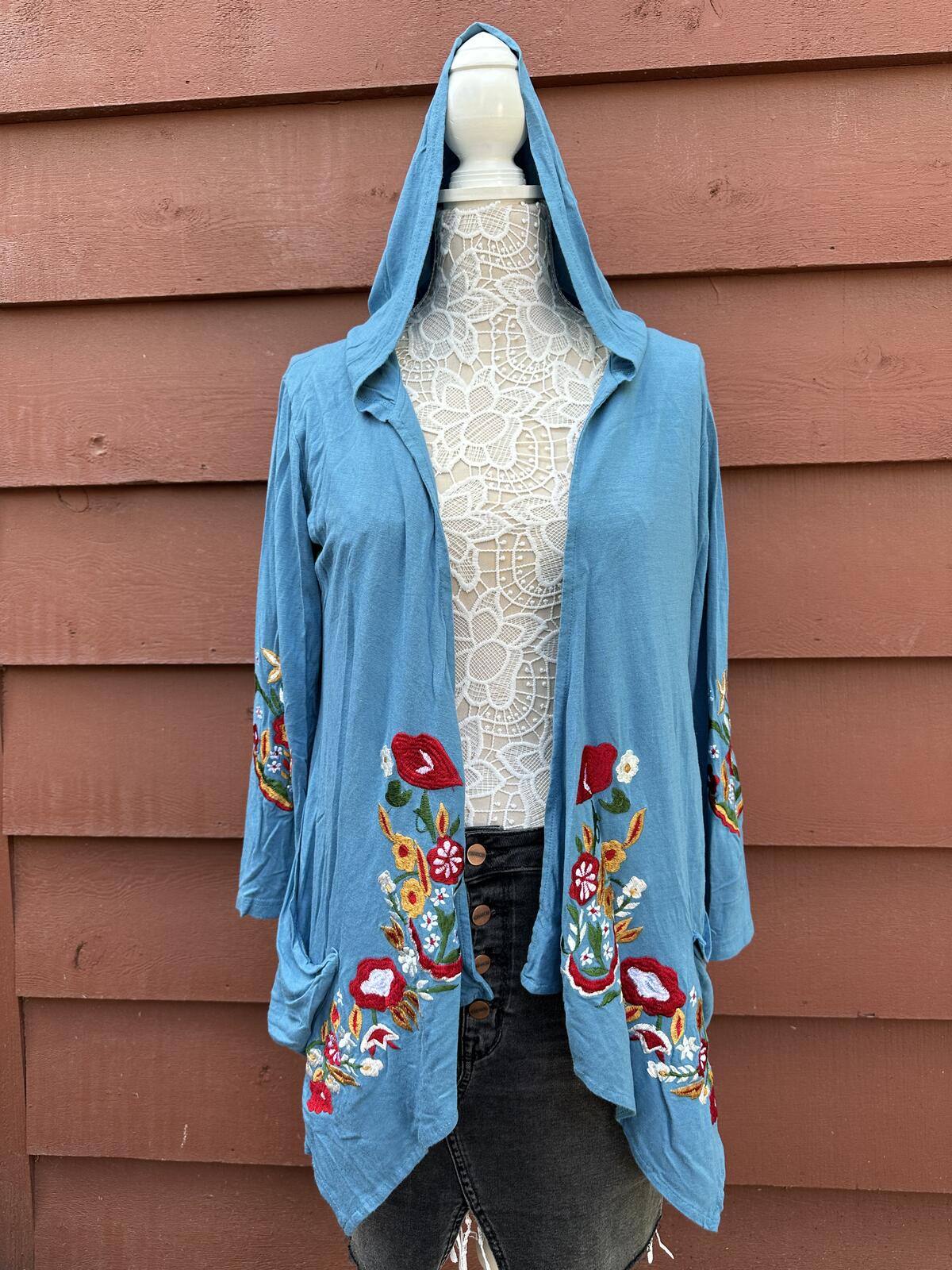 Luv 2 Luv Blue Floral Embroidered Hooded Cardigan Bohemian Boho Sweater