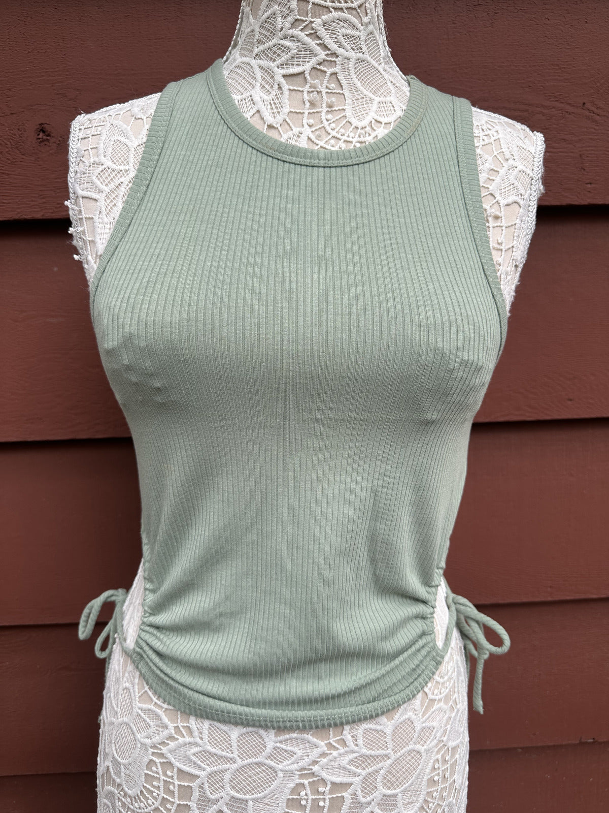 FOREVER 21 Sage Green Ribbed Tank Top with Adjustable Side Ties Y2K Preppy
