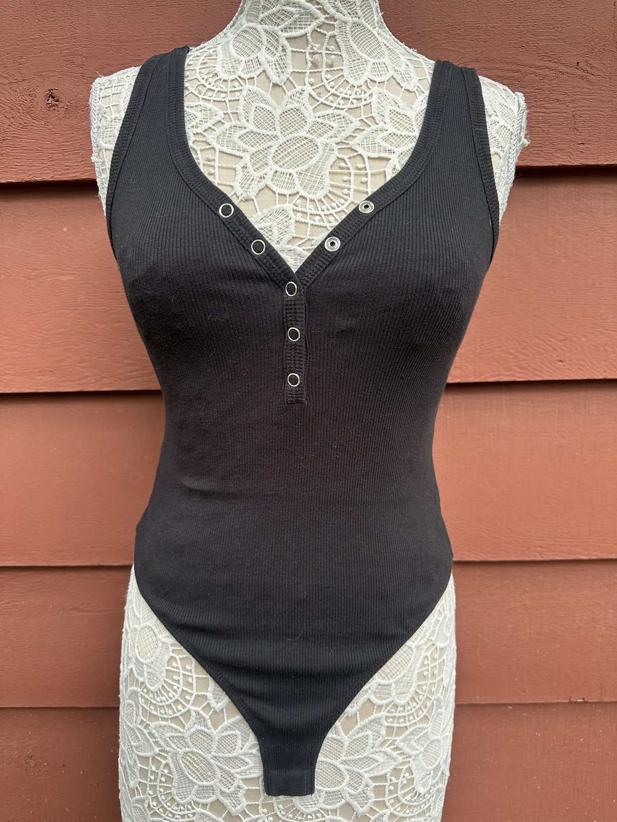 Wild Fable Black Ribbed Snap Button Bodysuit Y2K
