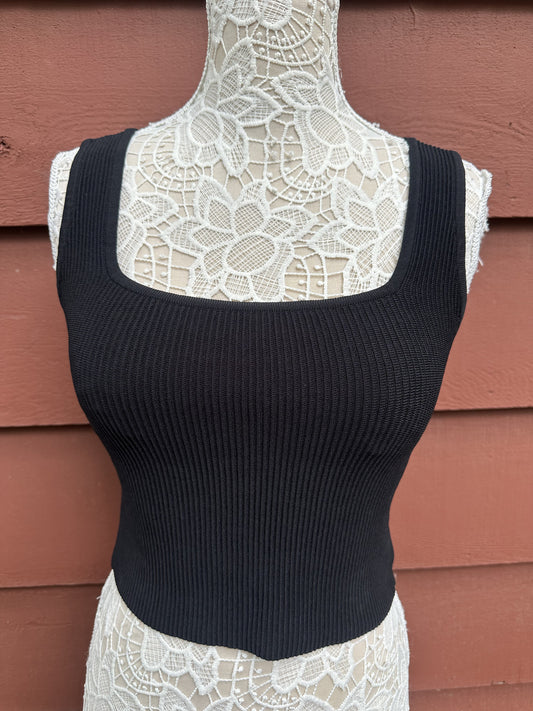 And Now This Black Ribbed Knit Square Neck Tank Top Minimalist 90s