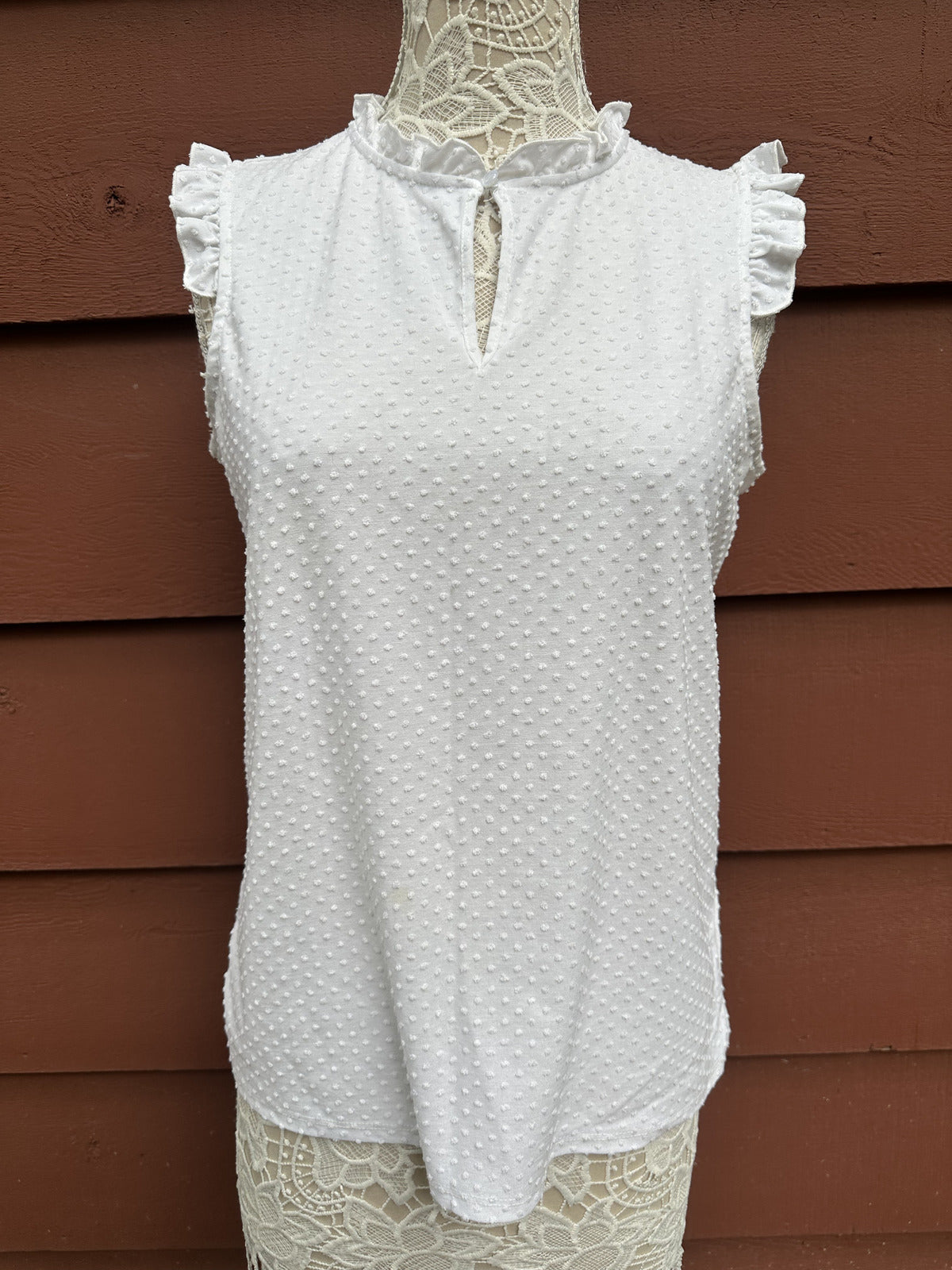 Adrianna Papell Sleeveless Swiss Dot Blouse with Ruffled Neckline