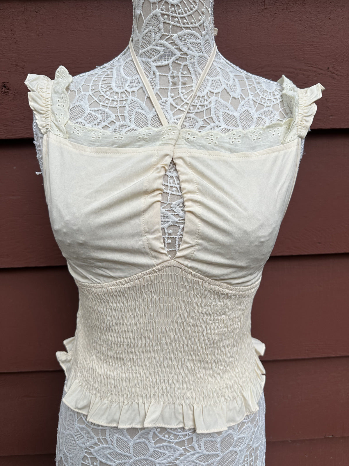 SHEIN Cream White Halter Crop Top with Lace Detailing Bohemian Fairycore