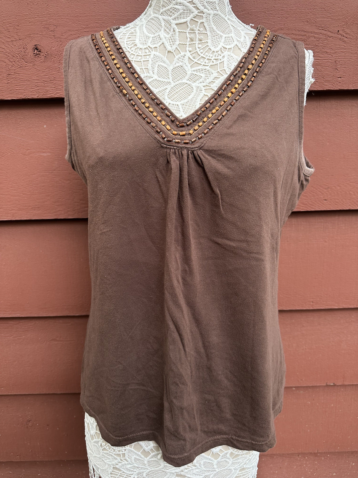 St. John's Bay Brown Beaded V Neck Tank Top Bohemian Indie
