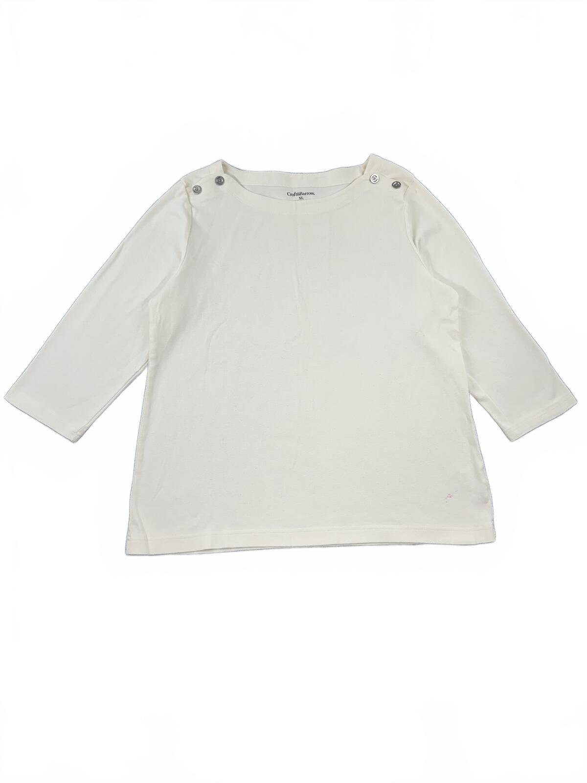 Croft & Barrow White Knit Top with Button Shoulder Detail Classic Casual