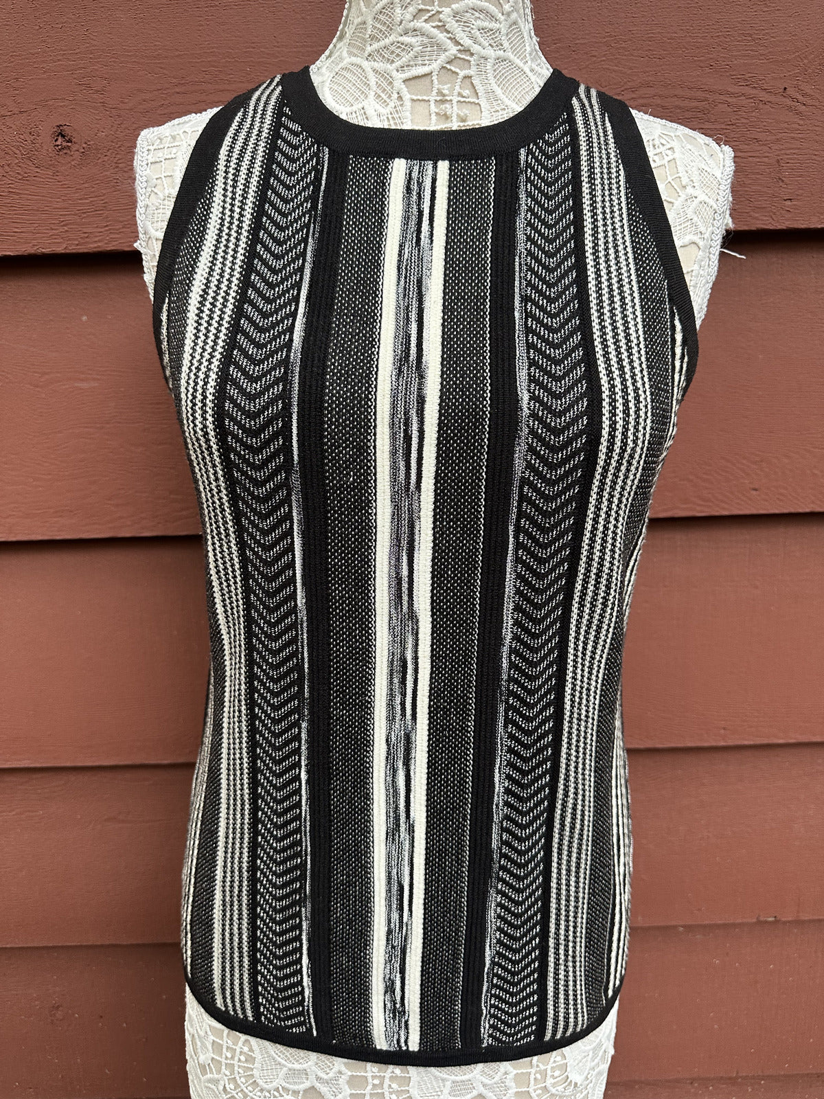 White House Black Market Black and White Striped Knit Tank Top