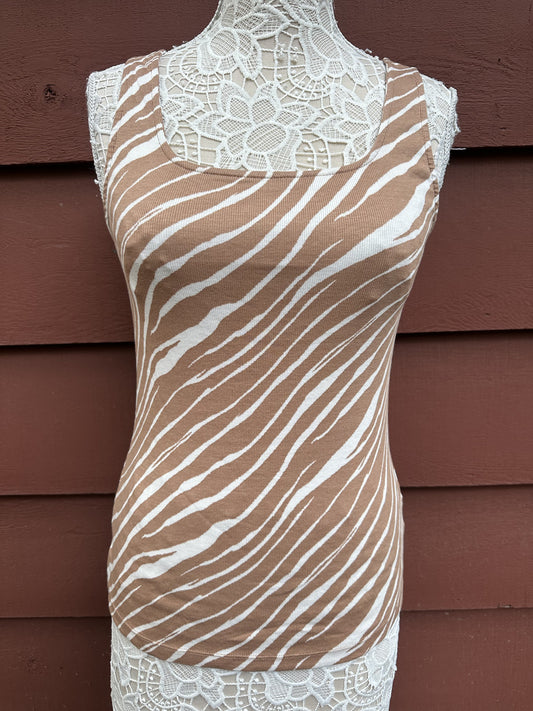 A New Day Zebra Print Tank Top Ribbed Scoop Neck Brown White Y2K Bohemian