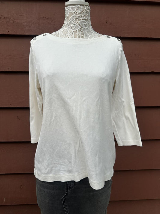 Croft & Barrow White Knit Top with Button Shoulder Detail Classic Casual