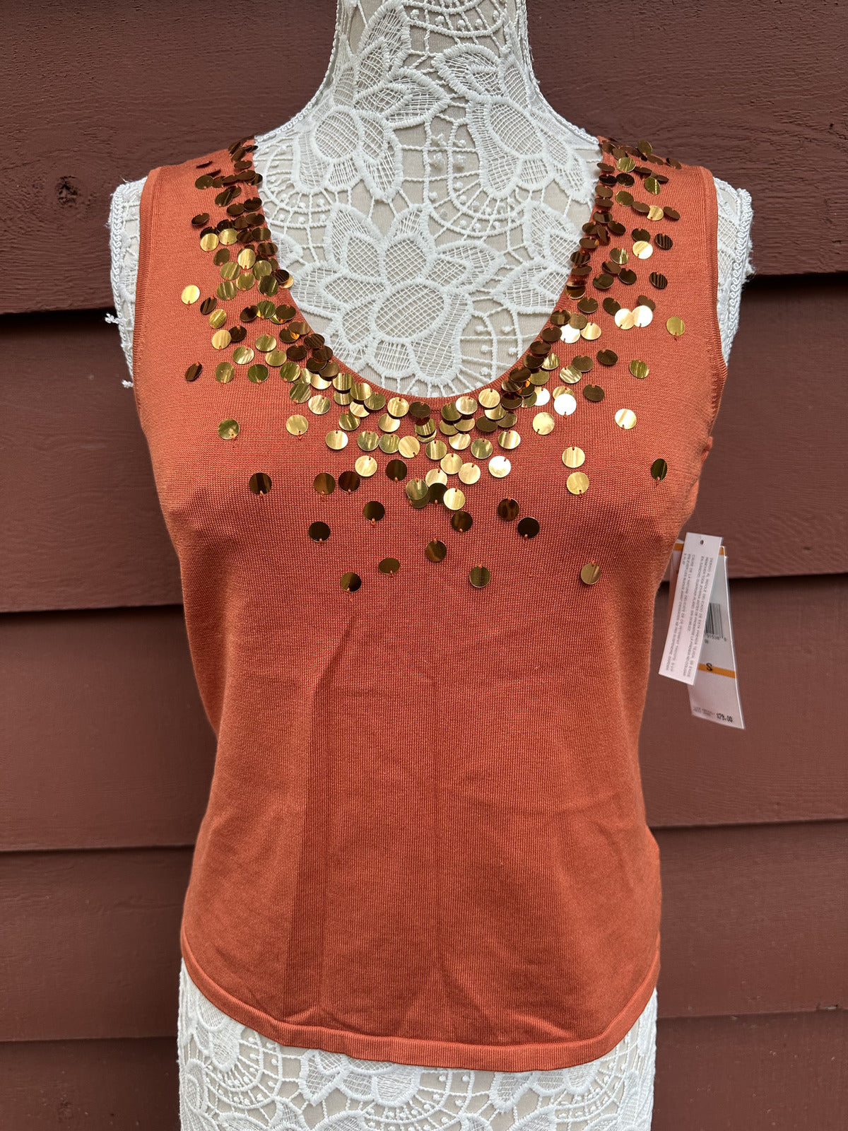 NWT Jones New York Orange Tank Top with Sequin Neckline Y2K Bohemian Style