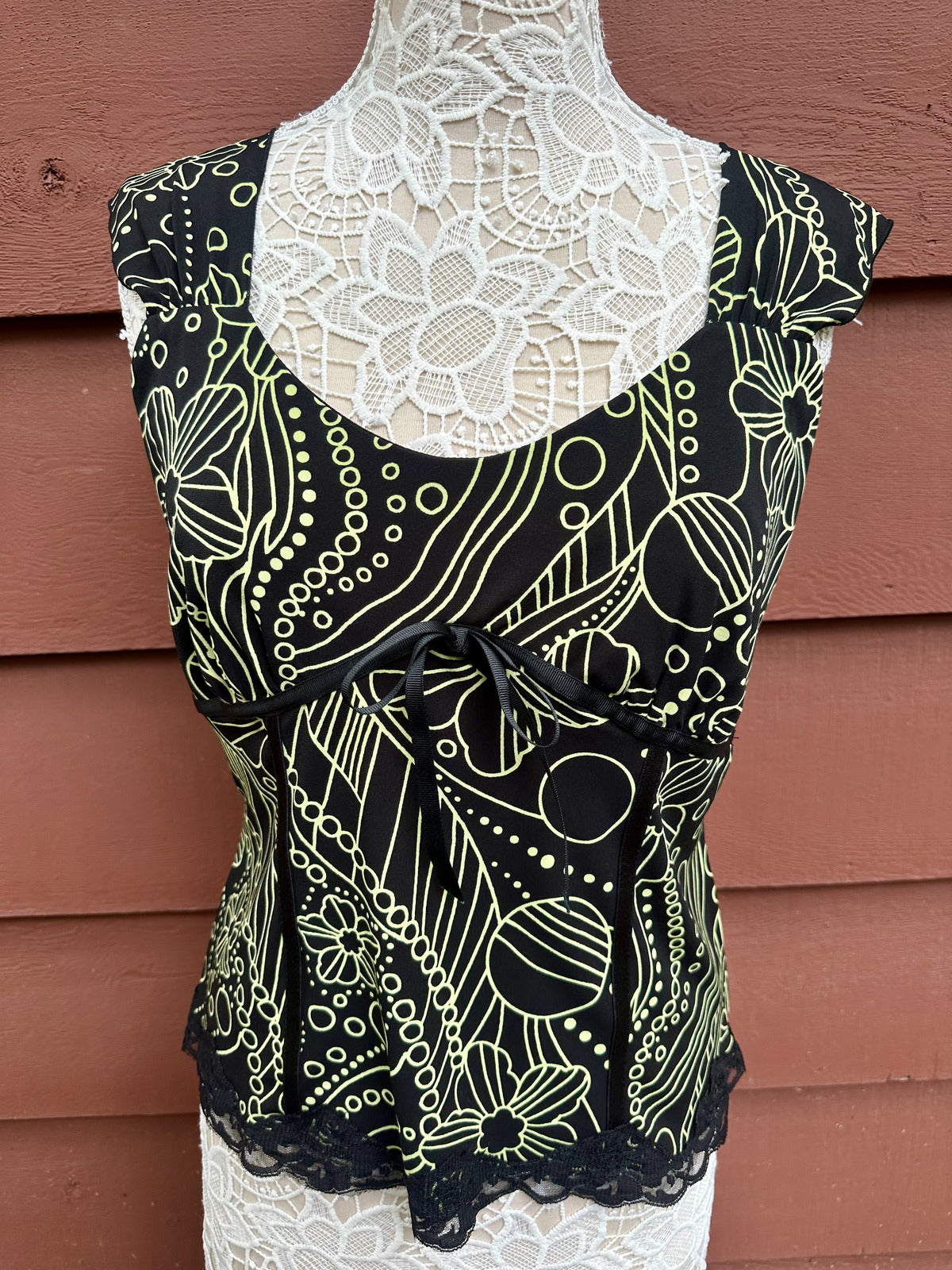 Fashion Bug Y2K Corset Style Tank Top Black Neon Green Floral Whimsigoth Fairy