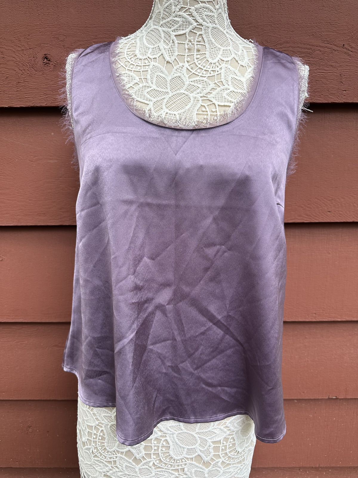 Mystree Purple Satin Tank Top with Raw Edge Mesh Trim Cozy Fairycore