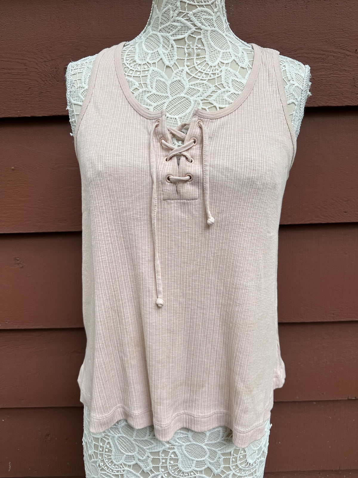 Old Navy Pink Ribbed Lace Up Tank Top Soft Girl Coquette Ballet Y2K