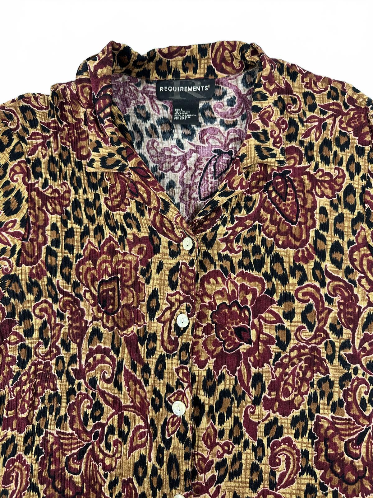 Requirements Vintage Floral and Leopard Print Rayon Button Up Shirt