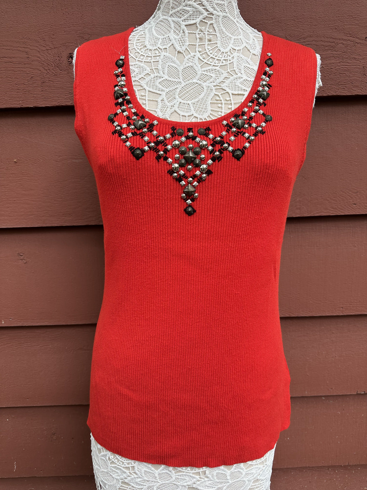 Ruby Rd Woman Sleeveless Ribbed Knit Tank Top with Beaded Jeweled Neckline