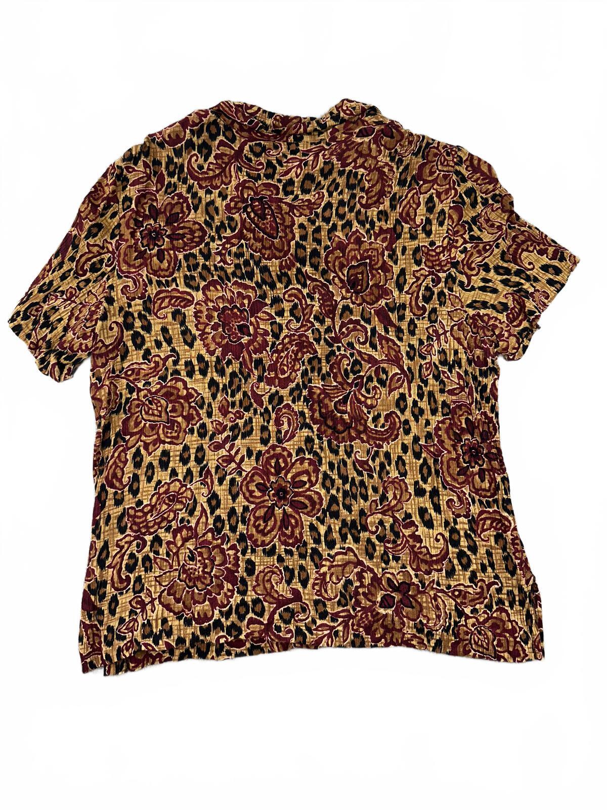 Requirements Vintage Floral and Leopard Print Button Up Shirt Large Brown Black