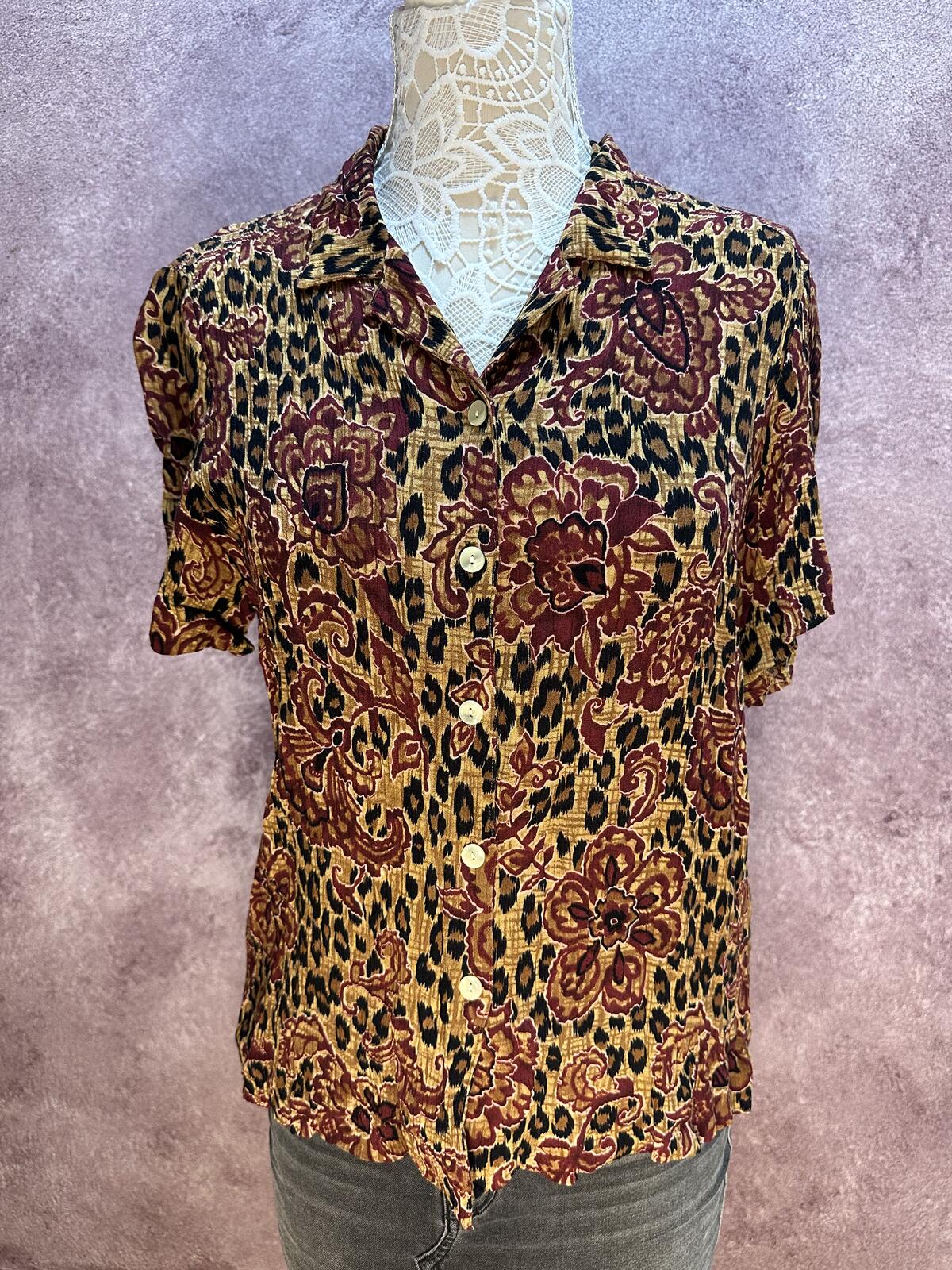 Requirements Vintage Floral and Leopard Print Button Up Shirt Large Brown Black