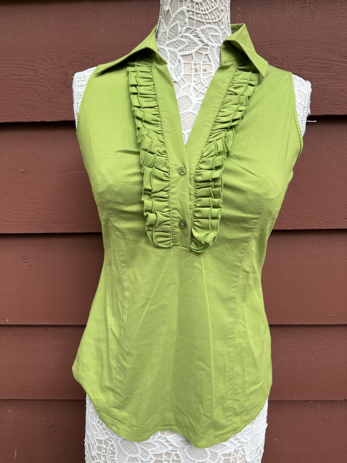 New York & Company Lime Green Ruffle Trim Blouse Y2K Office Siren