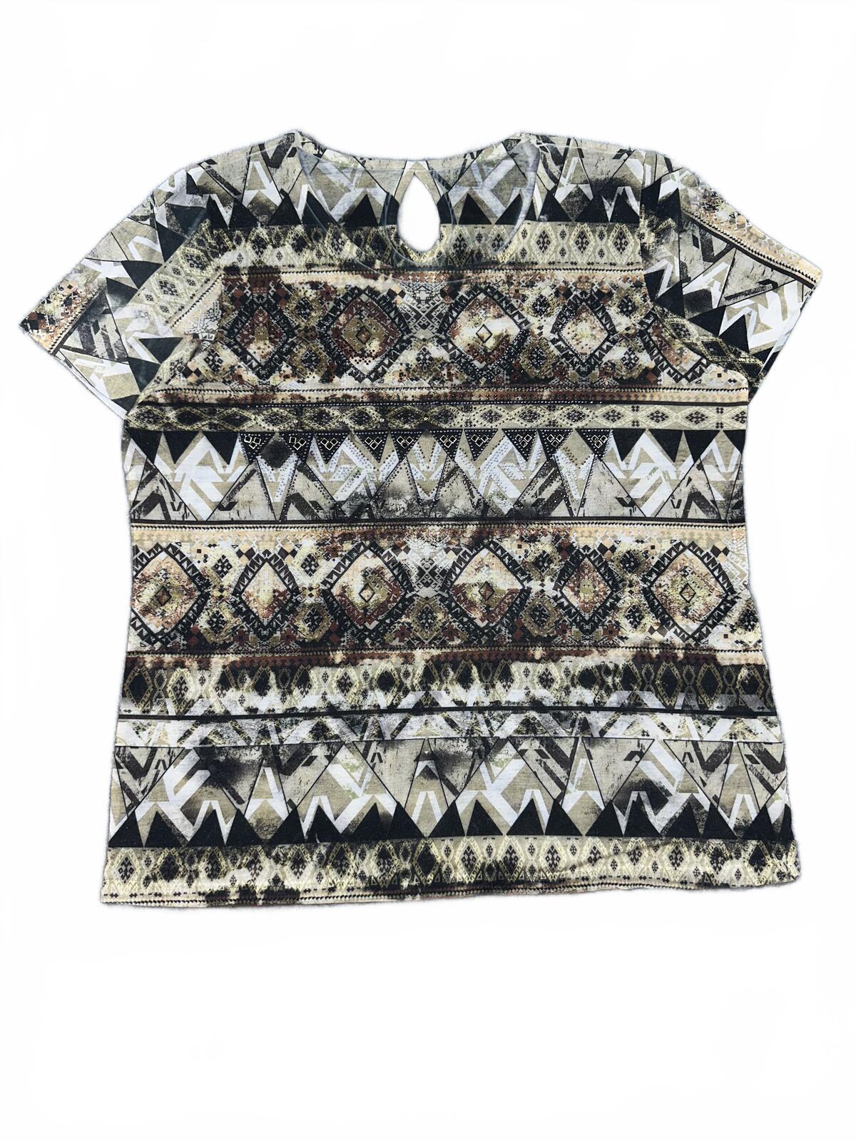 Bohemian Geometric Tribal Print Top with Keyhole Back Detail Beige Black Casual