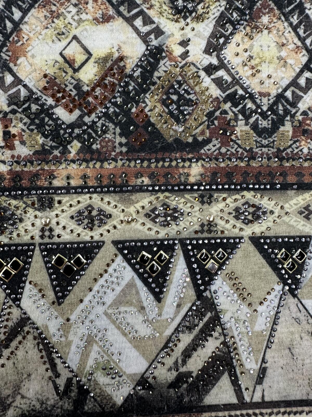 Bohemian Geometric Tribal Print Top with Keyhole Back Detail Beige Black Casual