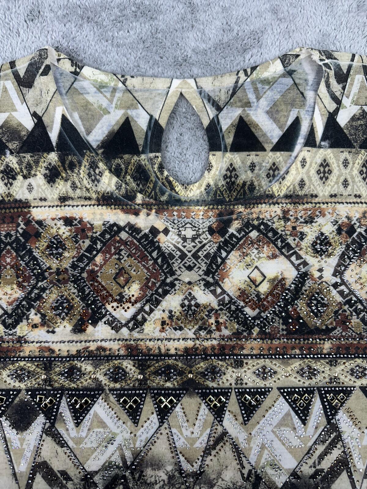 Bohemian Geometric Tribal Print Top with Keyhole Back Detail Beige Black Casual