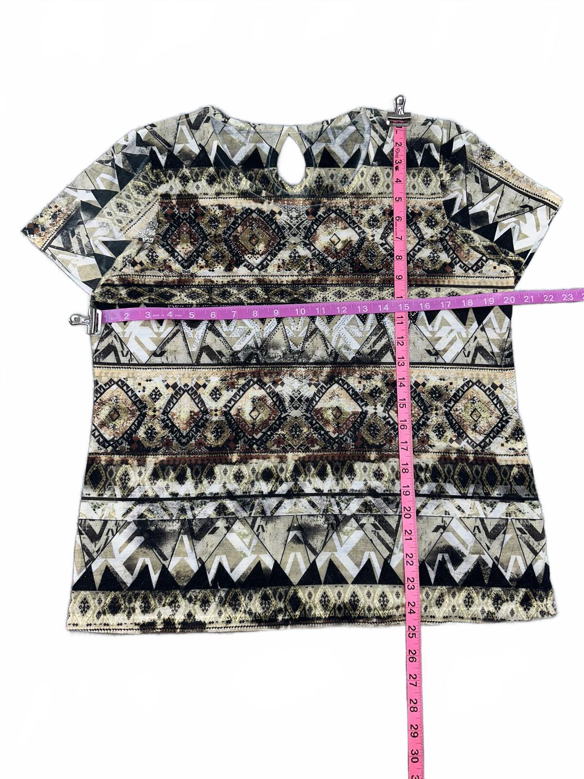 Bohemian Geometric Tribal Print Top with Keyhole Back Detail Beige Black Casual