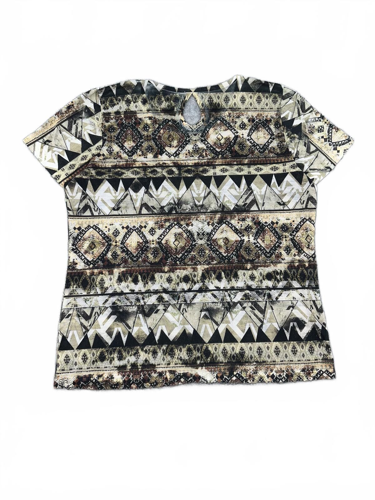 Bohemian Geometric Tribal Print Top with Keyhole Back Detail Beige Black Casual