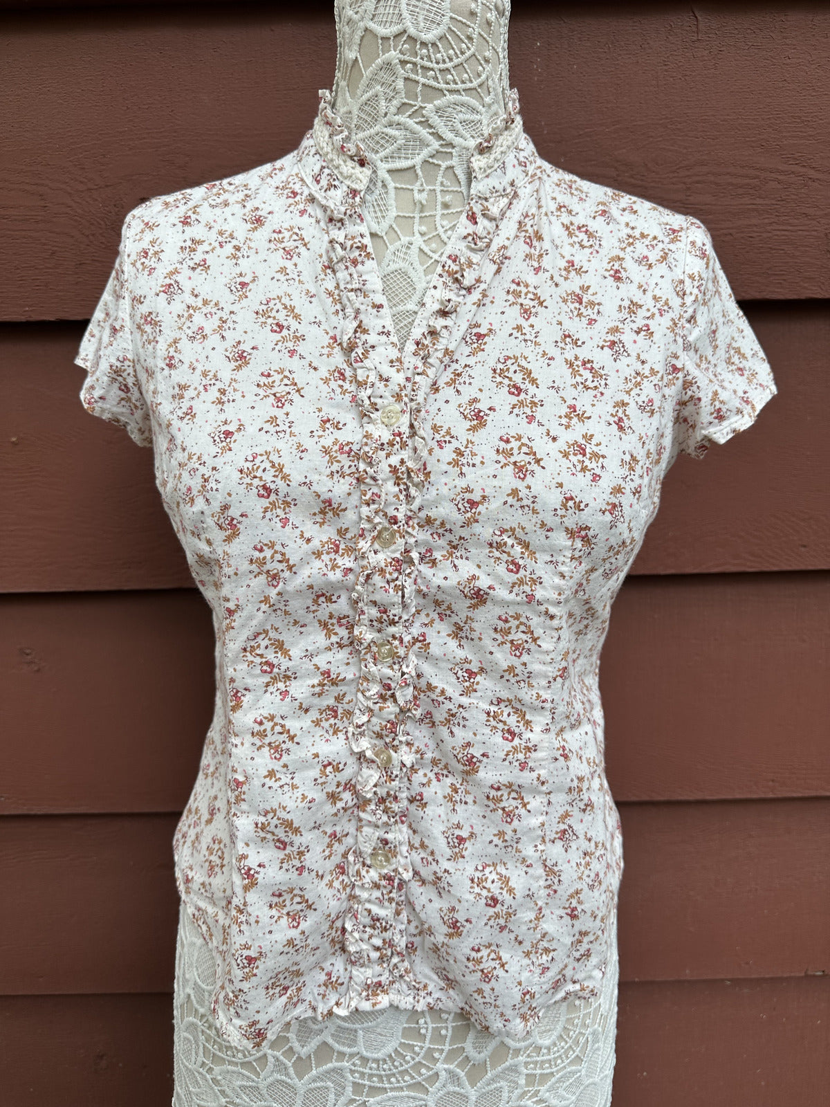 DCC Petite Floral Ruffle Collar Blouse Cream Brown Cotton Feminine