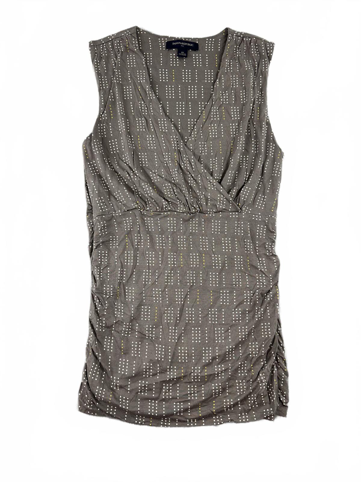 Banana Republic Sleeveless Ruched V Neck Dress in Taupe with Subtle Dotted Print