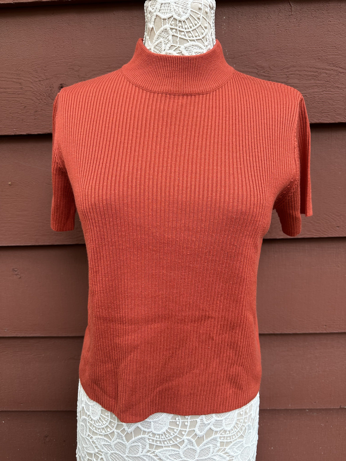 Studio Works Rust Ribbed Knit Mock Neck Top Casual Office Fall
