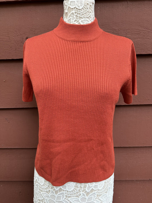 Studio Works Rust Ribbed Knit Mock Neck Top Casual Office Fall