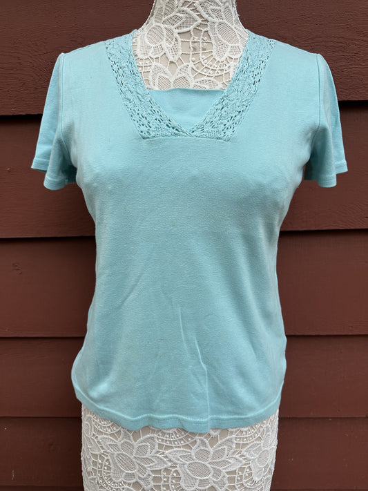 Basic Editions Light Blue Cotton Tee with Lace V-Neck  Soft Pastel Feminine