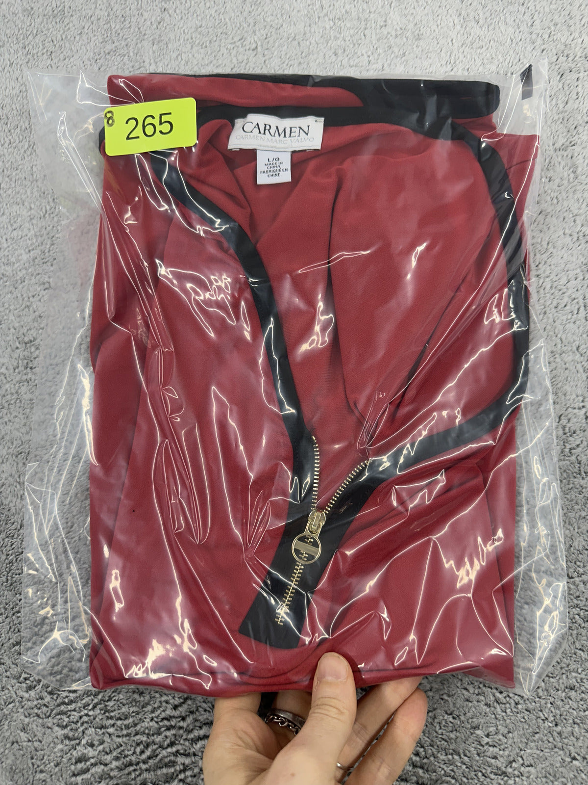 Carmen Marc Valvo Red Sleeveless Blouse with Black Trim and Zip Front