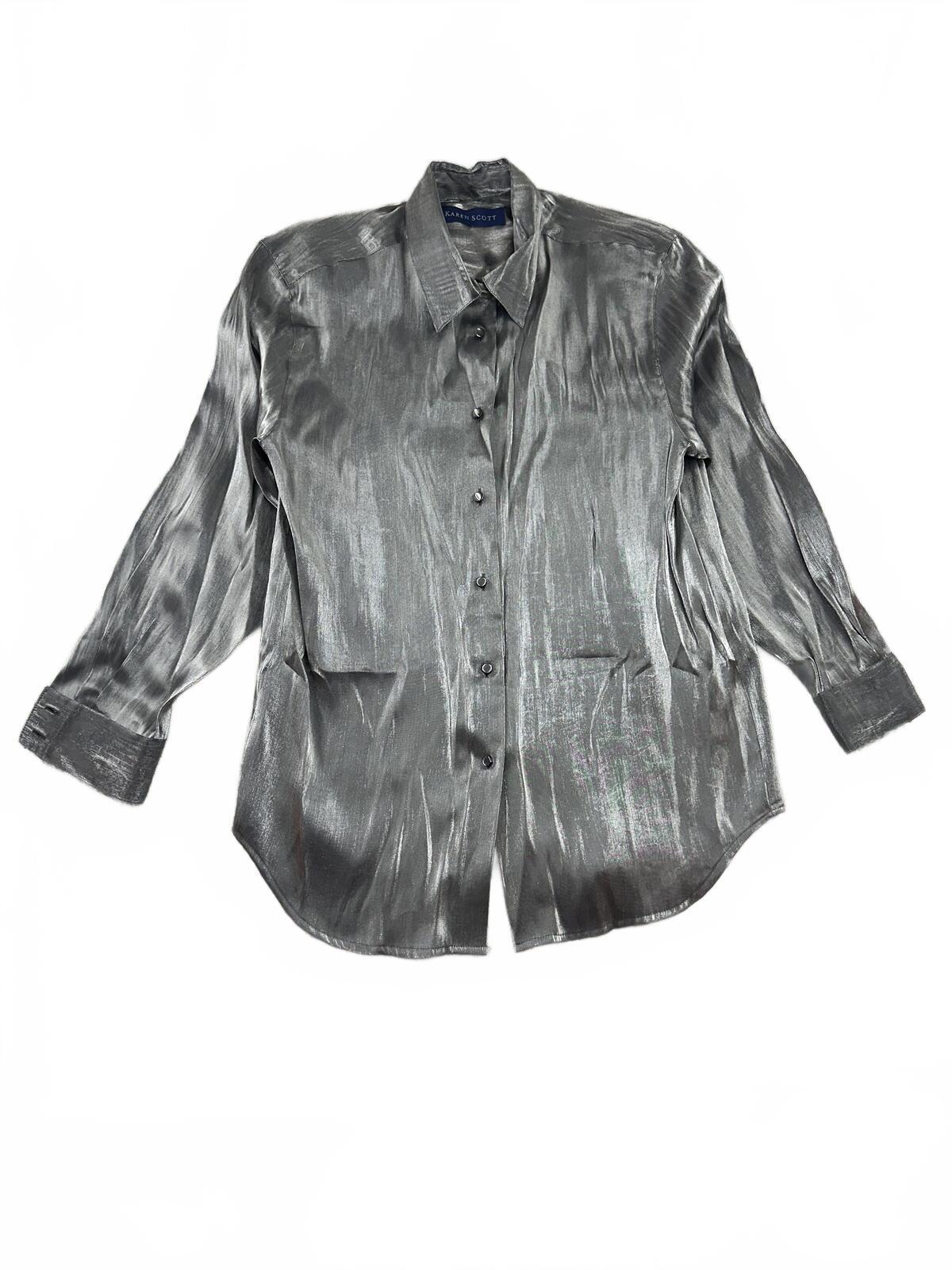 Karen Scott Vintage Metallic Silver Button Up Blouse Y2K Office Formal