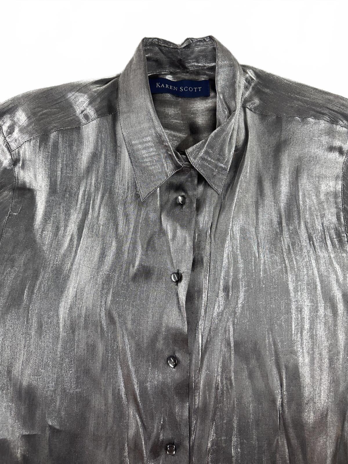 Karen Scott Vintage Metallic Silver Button Up Blouse Y2K Office Formal