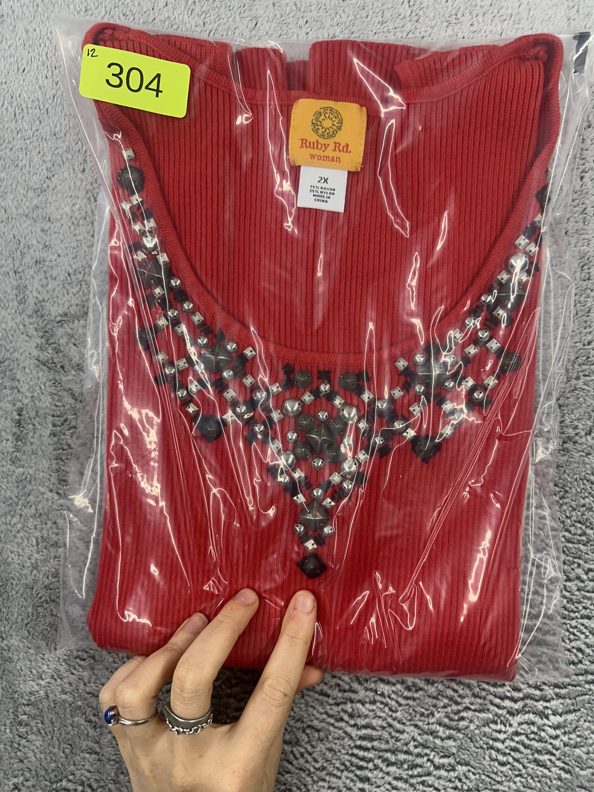 Ruby Rd Woman Sleeveless Ribbed Knit Tank Top with Beaded Jeweled Neckline