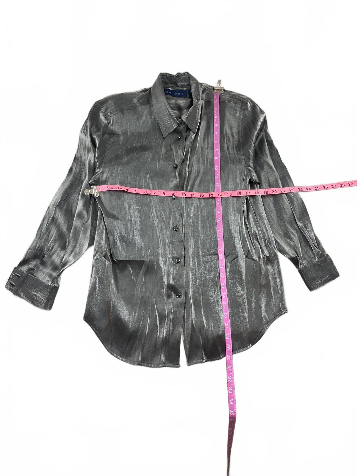 Karen Scott Vintage Metallic Silver Button Up Blouse Y2K Office Formal