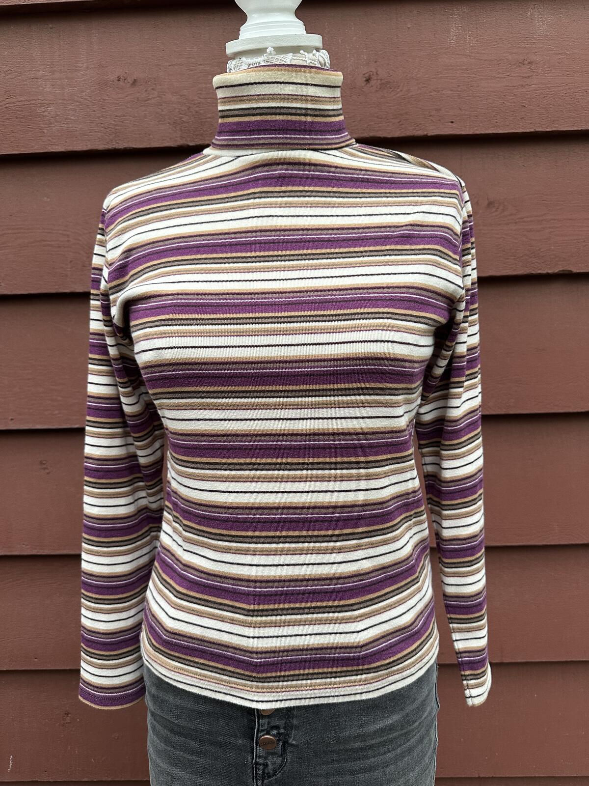 Bobbie Brooks Vintage Inspired Purple Beige Striped Turtleneck Top
